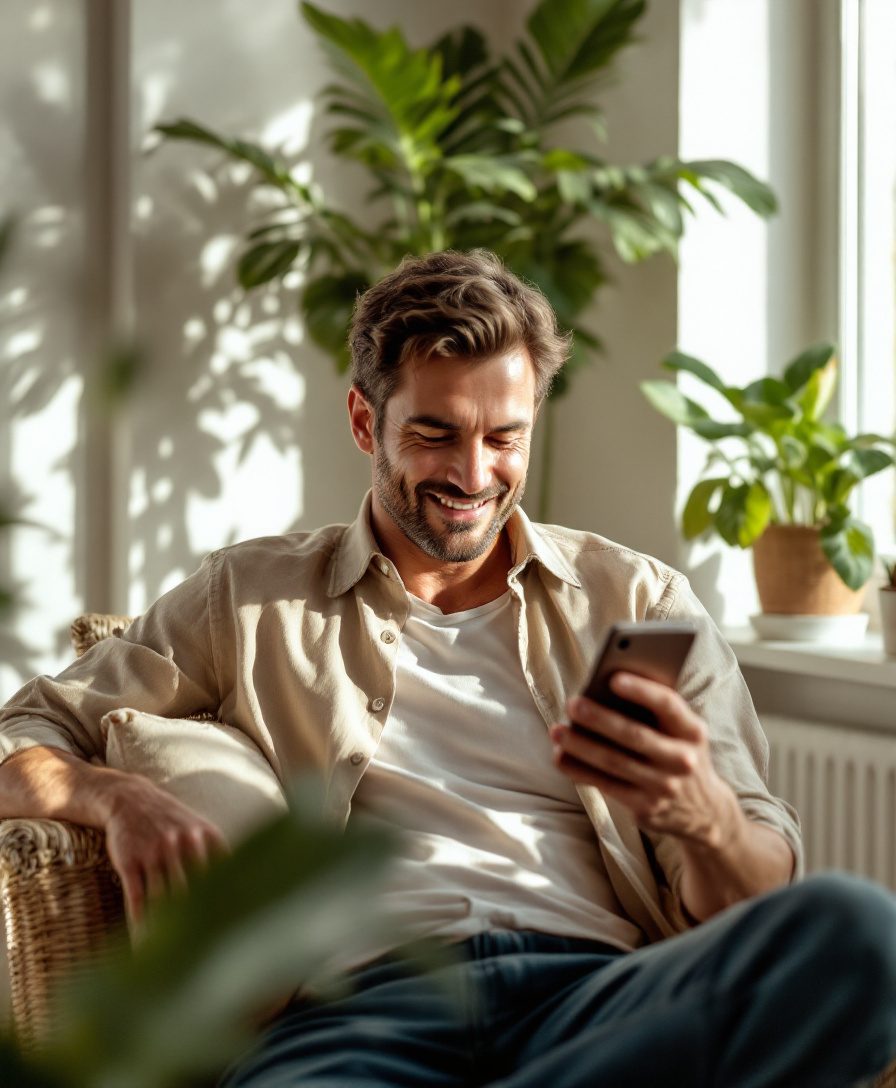 Mann entspannt zu Hause mit Smartphone
